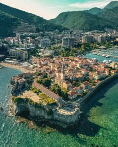 Areal view on Budva old town and sea around