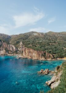 Corfu island beach with rocks and nature