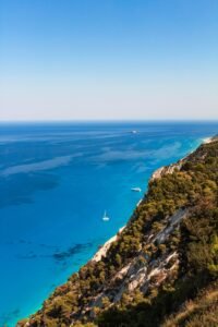 View on Ionia sea with sailing boats on Lefkada island in Greece