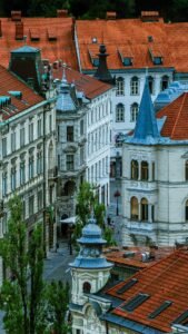 Ljubljana rooftops and view on street