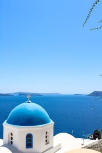 Santorini chora with view on Aegean sea