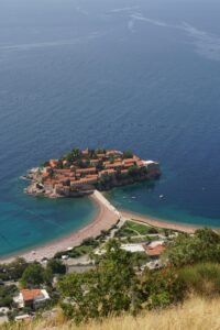 St Stefan peninsula in Montenegro aerial view from above